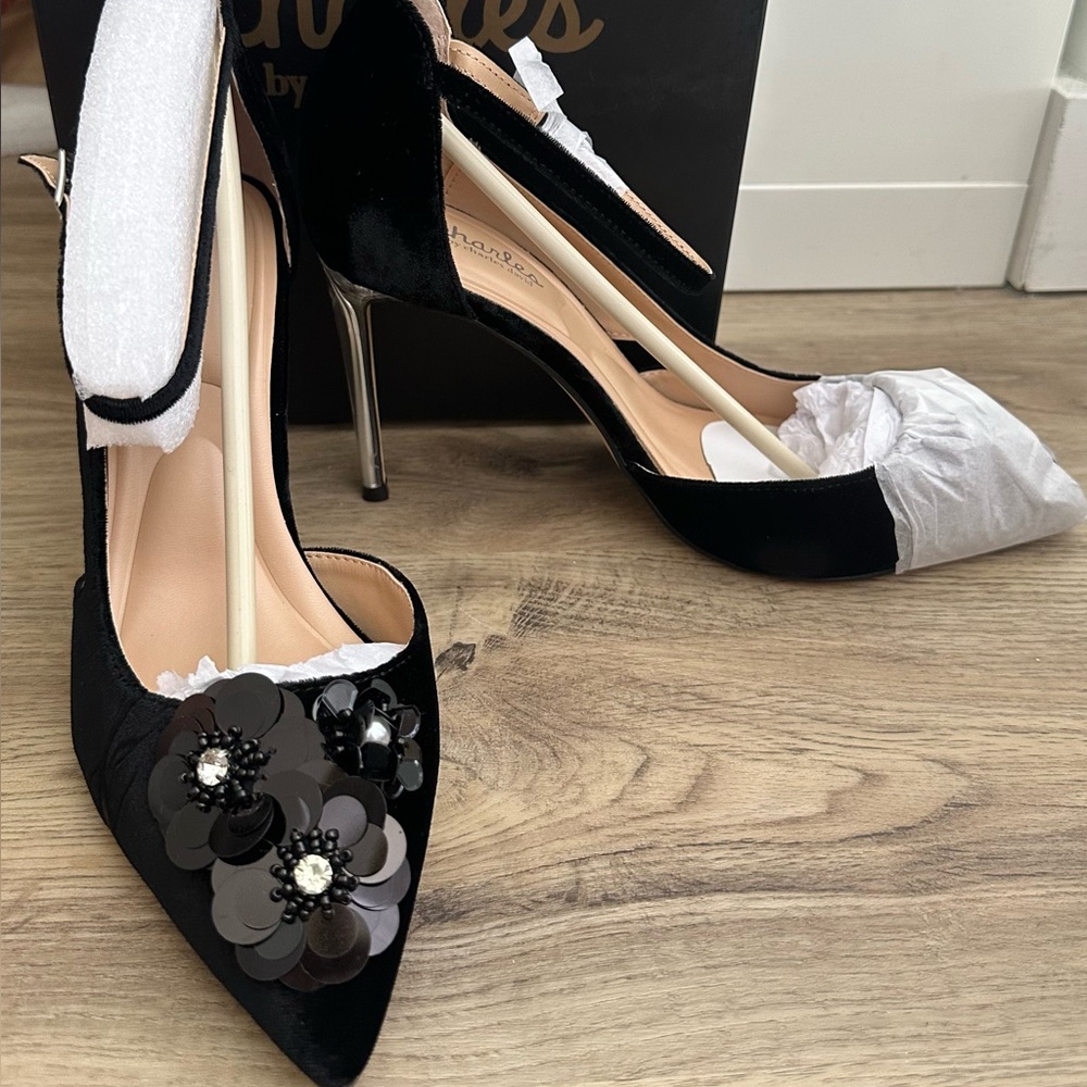 Charles David Black Heels with Floral Accents